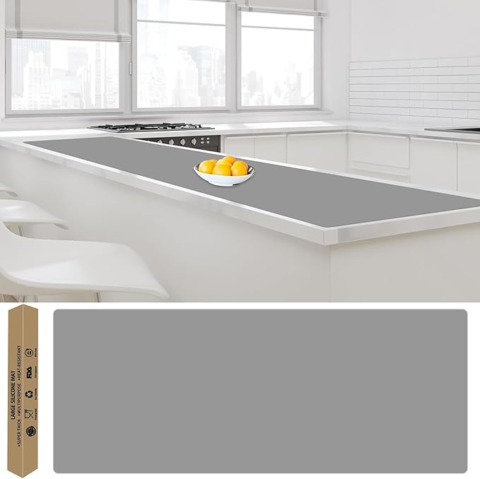 Largest Silicone Mats for Kitchen Counter, 120" x 24" Extra Large Heat Resistant Counter Mat, Kitchen Island Waterproof Thicken Non-slip Countertop Protector Mat, Multipurpose Mats, Light Gray