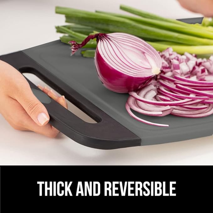 GORILLA GRIP BPA-Free Reversible Kitchen Cutting Board Set of 3, US Designed, Nonporous, Juice Grooves Catch Liquid, Slip Resistant Border, Dishwasher Safe, Durable Food Chopping Boards, Black Gray