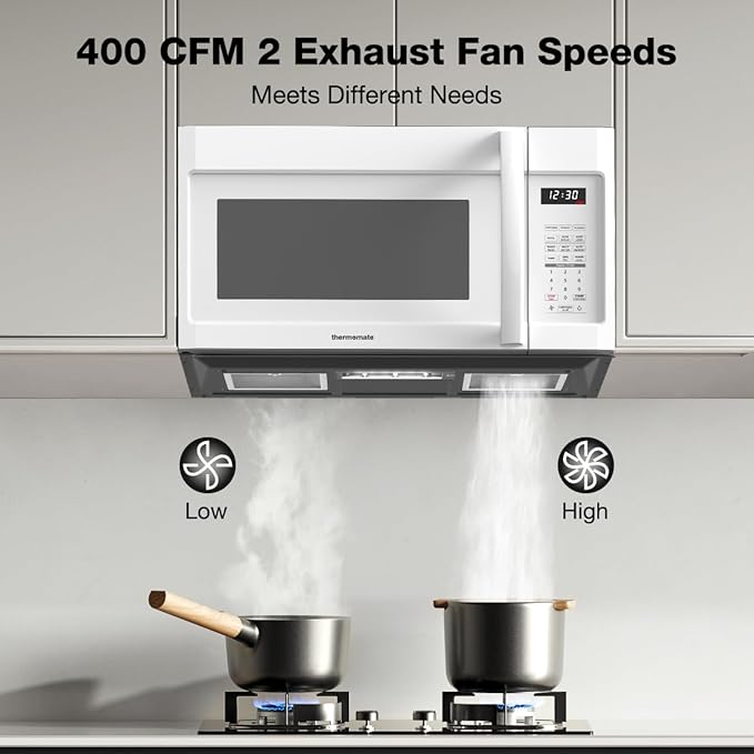 ThermoMate 30" White Over the Range Microwave with 1.9 Cu. Ft. Capacity, Over the Stove with One Touch, 1000 Cooking Watts, 400 CFM and Sensor Cooking, 11 Power Levels, LED Lighting