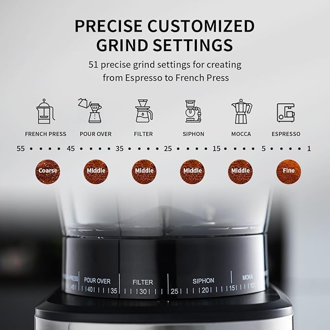 Stainless Steel Burr Coffee Grinder with 51 Grind Settings，Grind Timer,Electric Coffee Grinder for Espresso/Drip/Pour Over/Cold Brew/French Press Coffee Maker，120V/165W