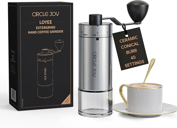 CIRCLE JOY Portable Manual Coffee Grinder with Ceramic Conical Burr and 40 External Adjustable Settings, Stainless Steel Hand Coffee Grinder for Camping, Travel and Espresso, Silver