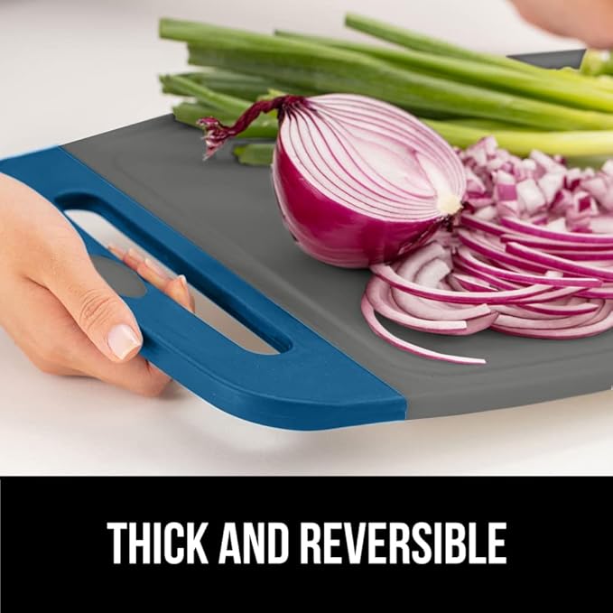 GORILLA GRIP BPA-Free Reversible Kitchen Cutting Board Set of 3, US Designed, Nonporous, Juice Grooves Catch Liquid, Slip Resistant Border, Dishwasher Safe, Durable Food Chopping Boards, Blue Gray