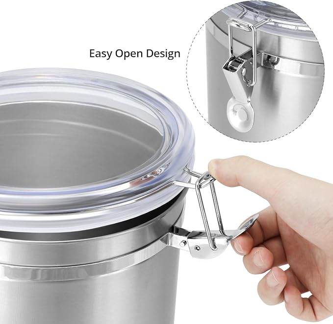 QWORK 160oz Stainless Steel Airtight Canister with Clear Lid for Kitchen Storage | Large Metal Pantry Storage Canister for Coffee Beans, Flour, Tea, Sugar, Cereals