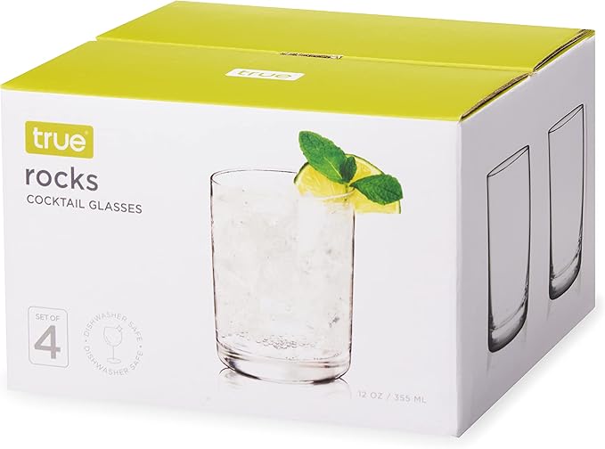 True Rocks Glass, Whiskey Tumblers, Old Fashioned Bourbon Scotch Brandy Rum Drinking Glasses, Whiskey Glasses Perfect for Wedding, Anniversary, Housewarming, Cocktail Party, Home Bars, 12 oz, Set of 4