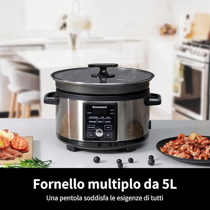 5.5QT Programmable Slow Cooker With Timer,Non Stick Aluminum Alloy Liner.SLOW COOK HIGH/SLOW COOK LOW/WHITE RICE/STEAM/SAUTE/WARM/DELAY,and Other Practical Functions