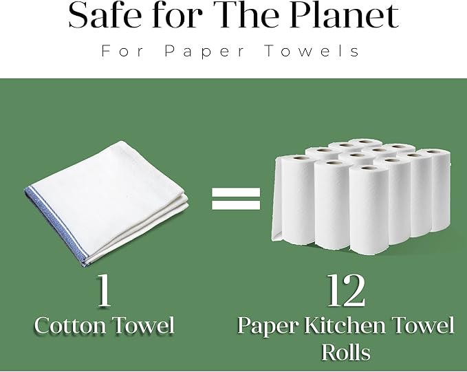 Salt Earth Kitchen Towels Cotton Dish Towel Size 24x14 Inches Set of 12 100% Ring Spun Cotton Absorbent Quick Dry Herringbone Weave Lint Free Washable Dishcloth Hanging Loop Color White & Blue Stripe