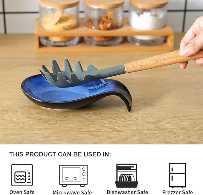 Nihow Ceramic Spoon Rest: 4 Inch Stable Utensil Rest - Heat Resistant Spoon Holder for Kitchen counter/Countertop/Stove Top - Dishwasher Safe - Elegant Black & Blue (Set of 2)