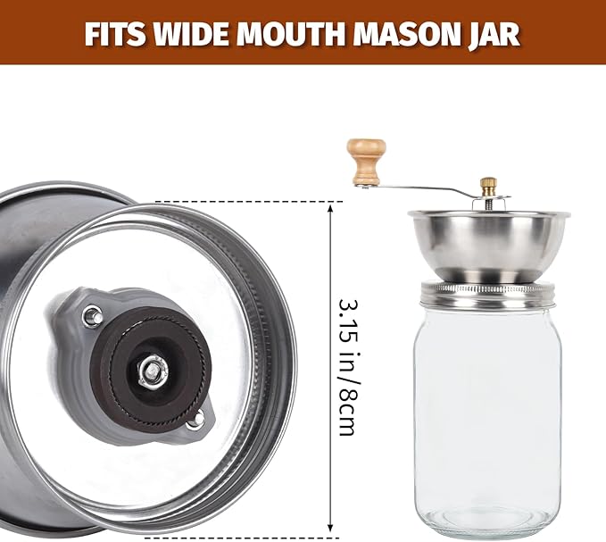Mason Jar Coffee Grinder - Manual Lid Attachment for Wide Mouth Jars, Stainless Steel & Ceramic Burr, Ideal for Camping & Home Barista