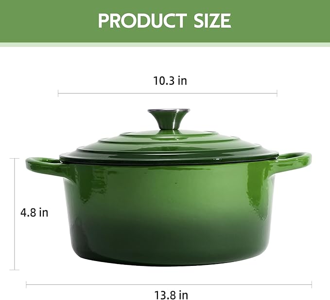 6 Quart Dutch Oven Enameled Cast Iron with Lid - Big Dual Handles - Oven Safe up to 500°F - Classic Round Pot for Versatile Cooking (Green, 6 QT)
