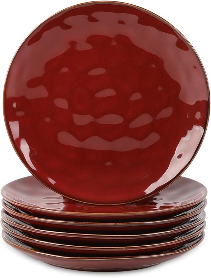 vicrays Ceramic Dessert Salad Plates, 8 Inch, Set of 6, Round, Microwave, Oven, and Dishwasher Safe, Scratch Resistant, Porcelain Fluted Suitable for Snacks, Appetizer, Home, Restaurant (Cherry Red)