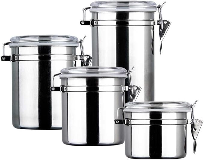 Foraineam 4-Piece Stainless Steel Airtight Canister Set with Clear Arylic Lid and Locking Clamp Food Storage Container Flour Canisters for Coffee, Tea, Snacks