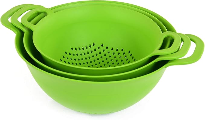 Mintra Home Plastic Strainer Colanders Set: 3, 3.5 and 5 Quart (Green) Double Strong Handles and Deep Bowl, Safe BPA-Free - Use for Pasta, Noodles, Spaghetti, Vegetables (Assorted Sizes 3pk)