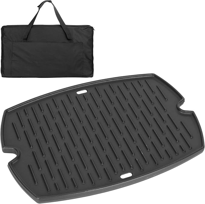 BBQ PLUS 7582 Cast Iron Cooking Griddle for Weber Baby Q Series Parts Weber Q1000 Grill Accessories Q100 Q120 Q1200 Sreies,Grill Griddle Replacement for Weber 386001 386002,16.7"x12.4" with Carry Bag