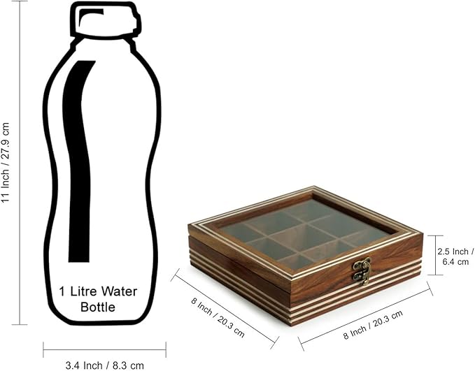 ExclusiveLane Wooden Spice Box | Masala Dabba with 9 Compartments | Size - 8x8x2 inches | Namak Daani with Spoon & See Through Lid | Sheesham Wood Spices Organizer | Kitchen Spices Container