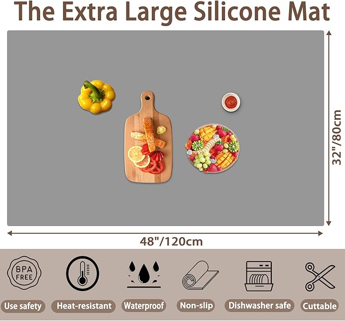 Silicone Mats for Kitchen Counter, 48"x32"(120cmx80cm) Large Heat Resistant Mat Kitchen Island Waterproof Countertop Protector Mat Nons-slip Extra Large Counter Mat, Dark Gray