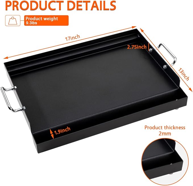 LotFun 17" x 13" Carbon Steel Cooking Griddle for Outdoor Gas Grill, Universal Griddle Flat Top Plate Insert with Grease Groove and Removable Handles for Electric/Charcoal/Gas Grill, Camping,Party