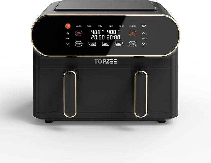 11-QT Large Air Fryer, 8-in-1 XL Airfryer with Flex Basket, Divider for Dual Cooking, Preheat Air Fry, Roast, Broil, Bake, Reheat, Dehydrate, French Fries Dishwasher Safe, w/Gold Border
