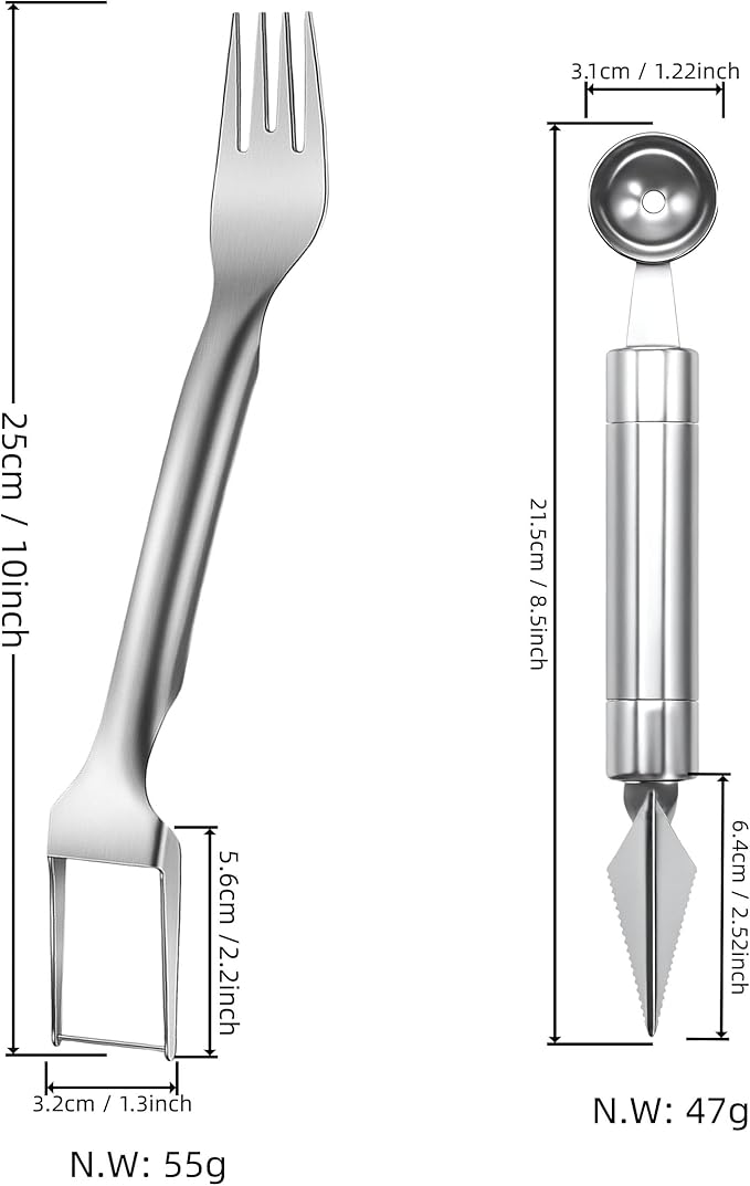 Watermelon Fork Slicer Cutter 2 in 1 & Melon Baller Scoop Set - Stainless Steel Fruits Cutter Kit, Fruit Carving Tools Watermelon Cube Cutter Slicer Tool for DIY Fruit Salads Melons Kitchen Gadget (2)