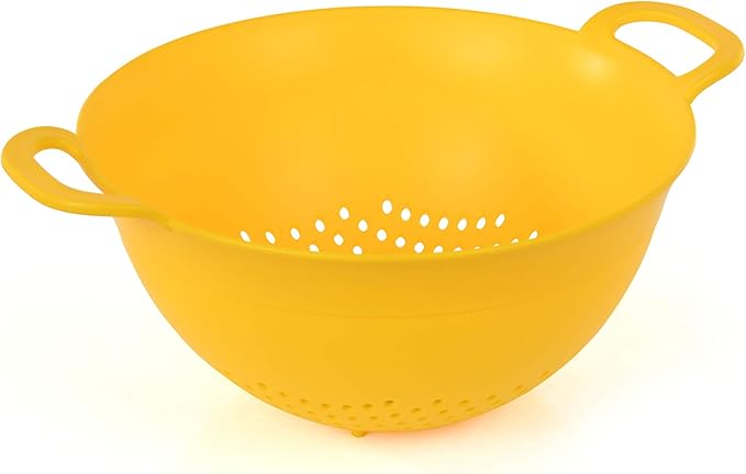 Mintra Home Plastic Strainer Colanders Set: 3, 3.5 and 5 Quart (Yellow) Double Strong Handles and Deep Bowl, Safe BPA-Free - Use for Pasta, Noodles, Spaghetti, Vegetables (Assorted Sizes 3pk)