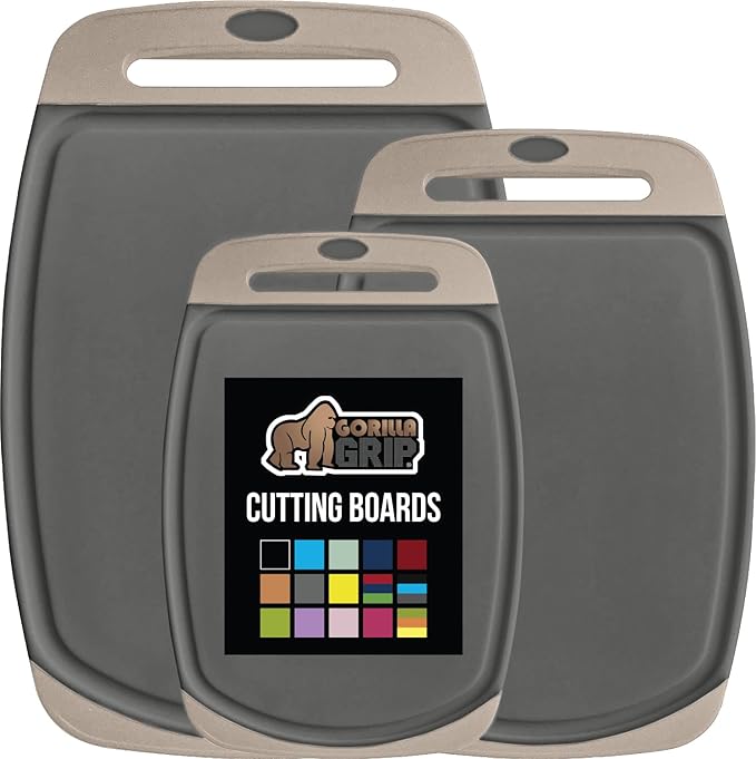 GORILLA GRIP BPA-Free Reversible Kitchen Cutting Board Set of 3, US Designed, Nonporous, Juice Grooves Catch Liquid, Slip Resistant Border, Dishwasher Safe, Durable Food Chopping Boards, Almond Gray