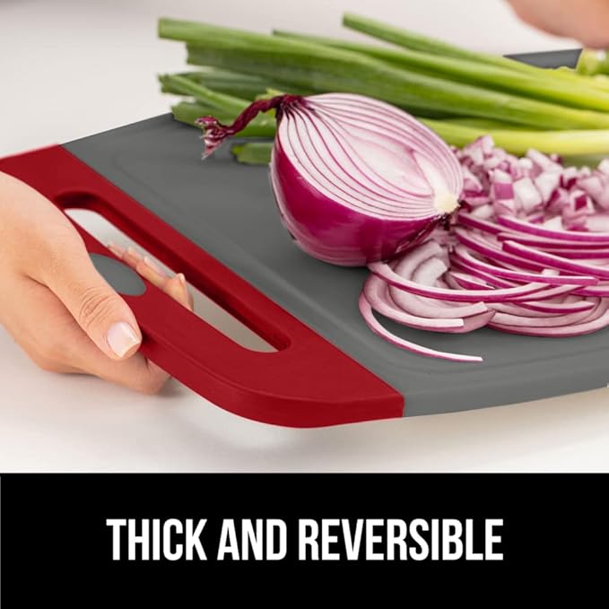 GORILLA GRIP BPA-Free Reversible Kitchen Cutting Board Set of 3, US Designed, Nonporous, Juice Grooves Catch Liquid, Slip Resistant Border, Dishwasher Safe, Durable Large Food Chopping Boards Red Gray
