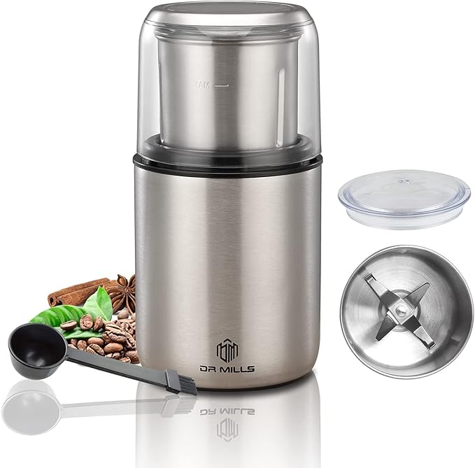 DR MILLS DM-7452 Electric Coffee Grinder,Spice Grinder Electric and chopper,detachable cup, diswash free, Blade & cup made with SUS304 stianlees steel