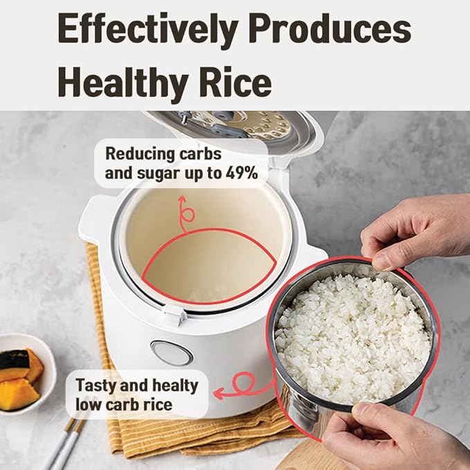 Banu Mini Low Carb Rice Cooker Japanese Low Carb Rice Cooker 3 Cups (white rice), 1 Cup (Low carb rice) Uncooked with Stainless Steel Steamer, Rice Maker Low Sugar Rice Function, 24H Delay Timer & Auto Keep Reduce One-Touch Cooking - White