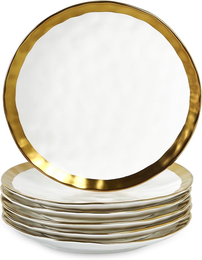 vicrays Ceramic Dinner Plates Set, 10 Inch, Set of 6, Round, Dishwasher Safe, NOT Microwave Safe, Suitable for Steak, Pasta, Home, Party, Restaurant（White with Golden）