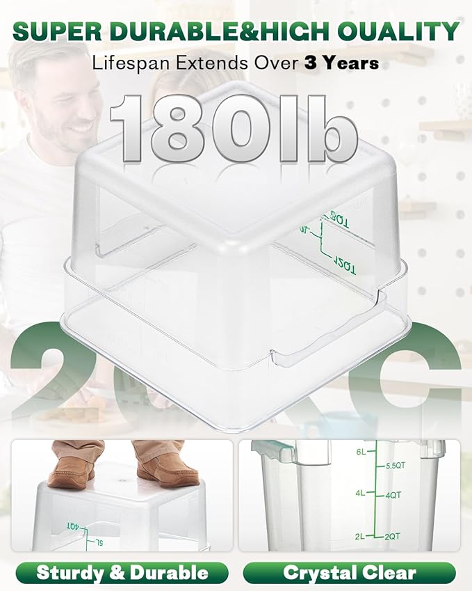 2QT NSF Food Storage Containers: 8 PCS [Food Grade][Hot&Cold Resistant] Commercial Clear Square Food Storage Containers with Scales Handles for Home Restaurant Kitchen Proof Dough(Green)