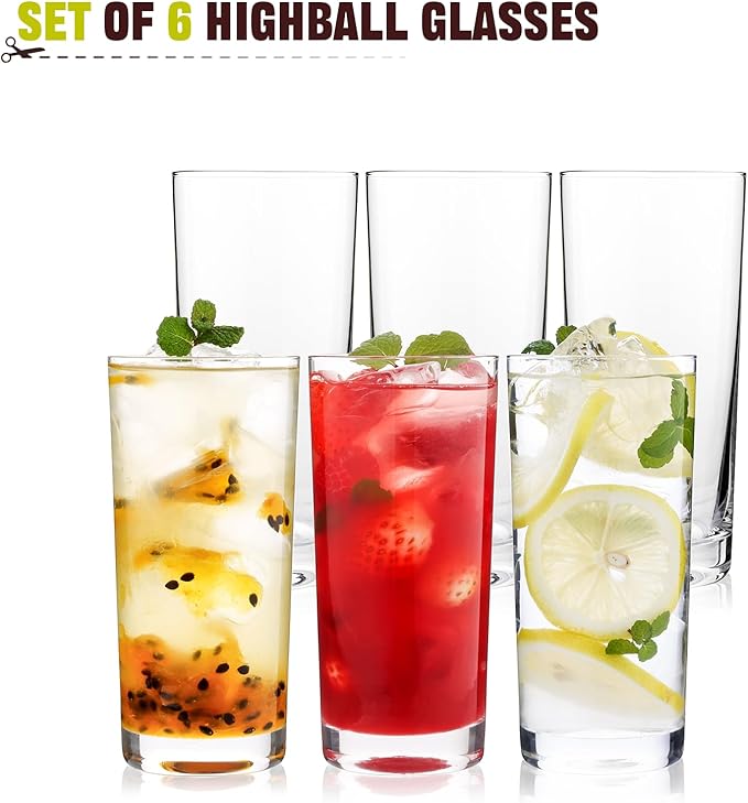 Highball Glasses Set of 6, 16oz Tall Drinking Glasses, Water Glass for Kitchen, Tom Collins Glasses, Mojito Glass Cups, Cocktail Glasses for Bar Glassware