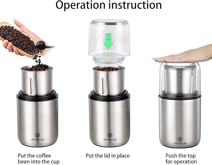 DR MILLS DM-7452 Electric Coffee Grinder,Spice Grinder Electric and chopper,detachable cup, diswash free, Blade & cup made with SUS304 stianlees steel