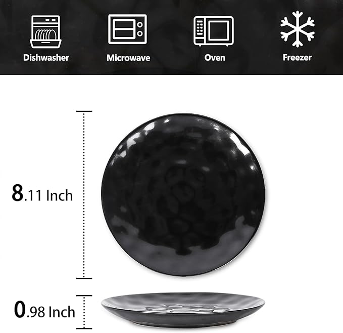 vicrays Ceramic Dessert Salad Plates, 8 Inch, Microwave, Oven, and Dishwasher Safe, Round, Porcelain Fluted Suitable for Snacks, Appetizer, Home, Party, Restaurant - Set of 6 Black