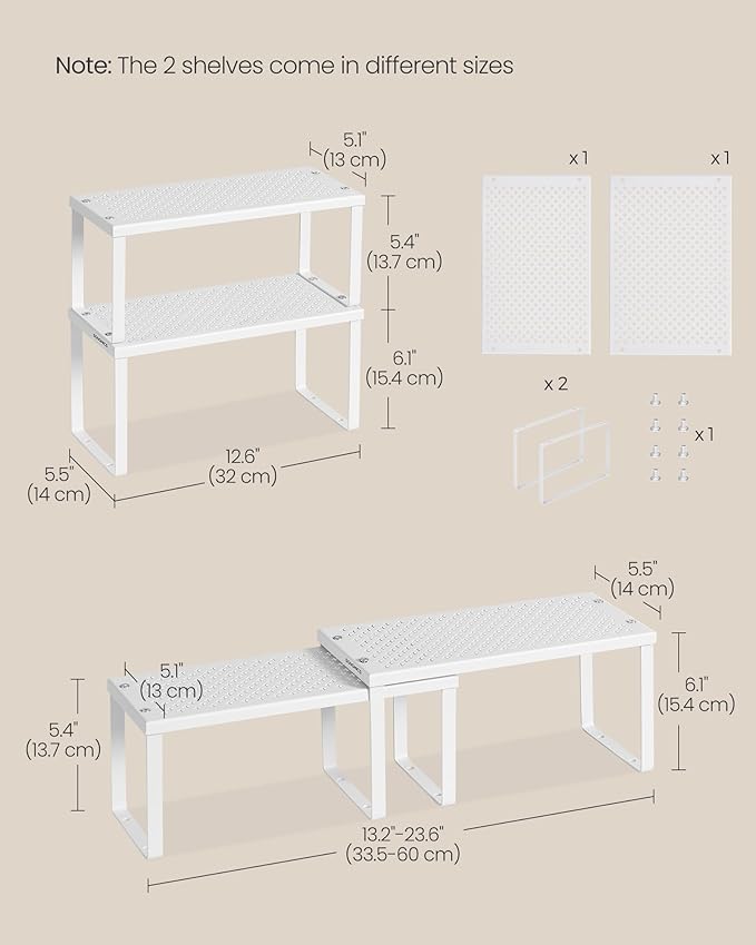 SONGMICS Spice Racks, Set of 2 Metal Cabinet Shelf Organizers, Countertop Organizers, Shelf Risers, Stackable, Expandable, White UKCS003W01