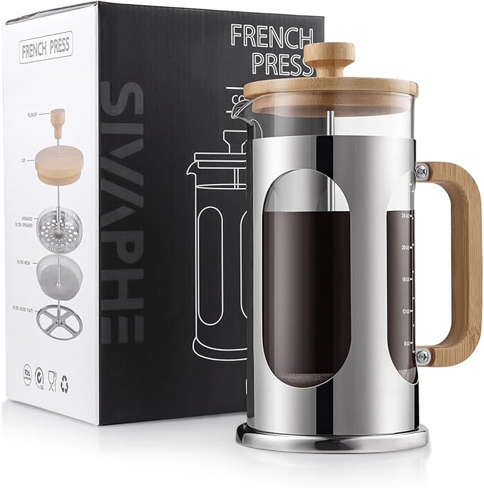 Sivaphe No-Plastic French Press Coffee Maker 34 oz, Borosilicate Glass Bamboo Lid and Handle Coffee Tea Press 8 cup, 1000ml Coffee Milk Forther with Stainless Steel Holder and Resuable Filters
