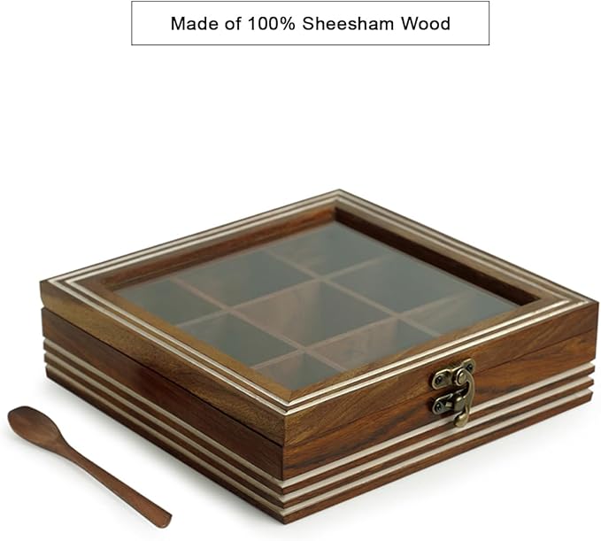 ExclusiveLane Wooden Spice Box | Masala Dabba with 9 Compartments | Size - 8x8x2 inches | Namak Daani with Spoon & See Through Lid | Sheesham Wood Spices Organizer | Kitchen Spices Container