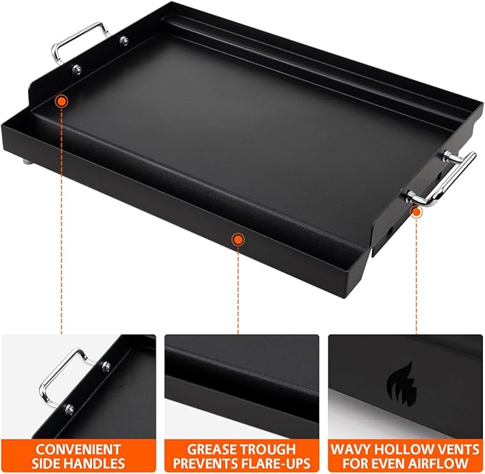 LotFun 17" x 13" Carbon Steel Cooking Griddle for Outdoor Gas Grill, Universal Griddle Flat Top Plate Insert with Grease Groove and Removable Handles for Electric/Charcoal/Gas Grill, Camping,Party