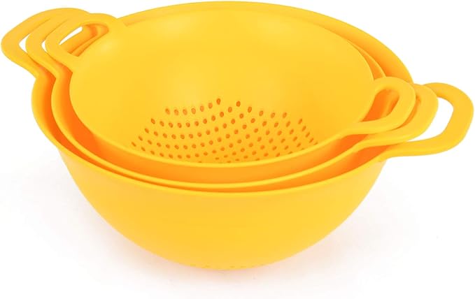Mintra Home Plastic Strainer Colanders Set: 3, 3.5 and 5 Quart (Yellow) Double Strong Handles and Deep Bowl, Safe BPA-Free - Use for Pasta, Noodles, Spaghetti, Vegetables (Assorted Sizes 3pk)