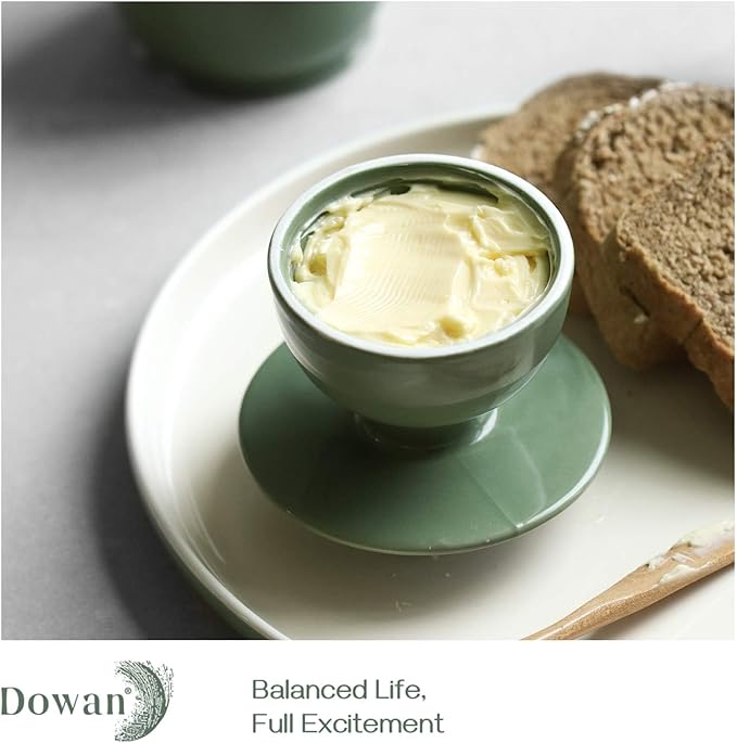 DOWAN Porcelain Butter Crock, Butter Keeper with Water Line, French Butter Dish for Soft Fresh Butter, Butter Container with Lid, No More Hard Butter, Green