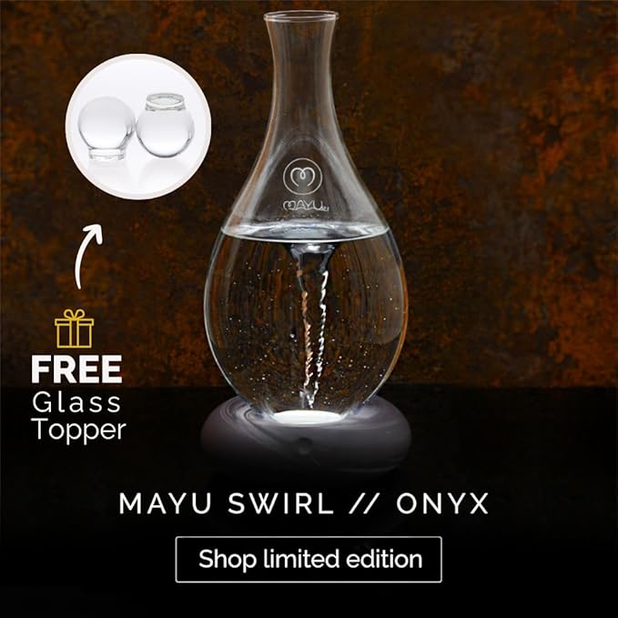 MAYU Swirl Structured Water Pitcher - Handblown Glass Carafe 1.5 Liter Design Jug - Dispenser Stand with Innovative Vortex Technology - Great for Reverse Osmosis Filter Users |51 Oz (Onyx Base)