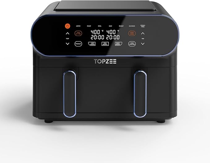 11-QT Large Air Fryer, 8-in-1 XL Airfryer with Flex Basket, Preheat Air Fry, Roast, Broil, Bake, Reheat, Dehydrate, French Fries Dishwasher Safe, w/Blue Border
