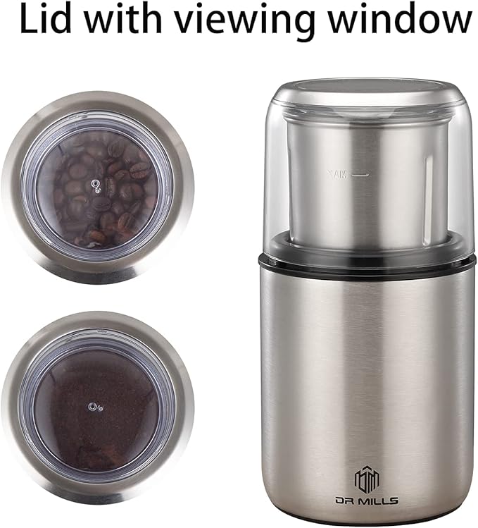 DR MILLS DM-7452 Electric Coffee Grinder,Spice Grinder Electric and chopper,detachable cup, diswash free, Blade & cup made with SUS304 stianlees steel