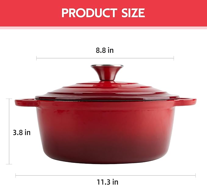 3 Quart Dutch Oven Enameled Cast Iron with Lid - Big Dual Handles - Oven Safe up to 500°F - Classic Round Pot for Versatile Cooking Red