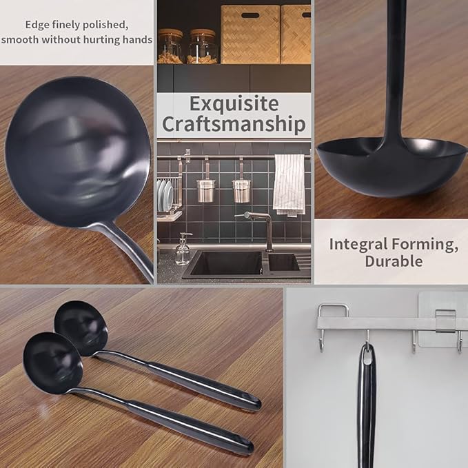 Newness Soup Ladle, [Rustproof, Heat Resistance, Integral Forming] Durable 304 Stainless Steel Soup Spoon with Vacuum Ergonomic Round Handle, Cooking Spoon for Kitchen, 13.7 Inches, Black
