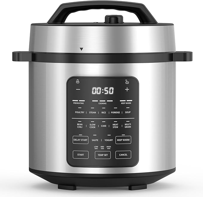 Simple Deluxe 14-in-1 Electric Pressure Cooker - 6QT Stainless Steel Slow & Rice Cooker, Steamer, Sauté, Yogurt Maker, Multi-Cooker with Dishwasher-Safe & Non-Stick