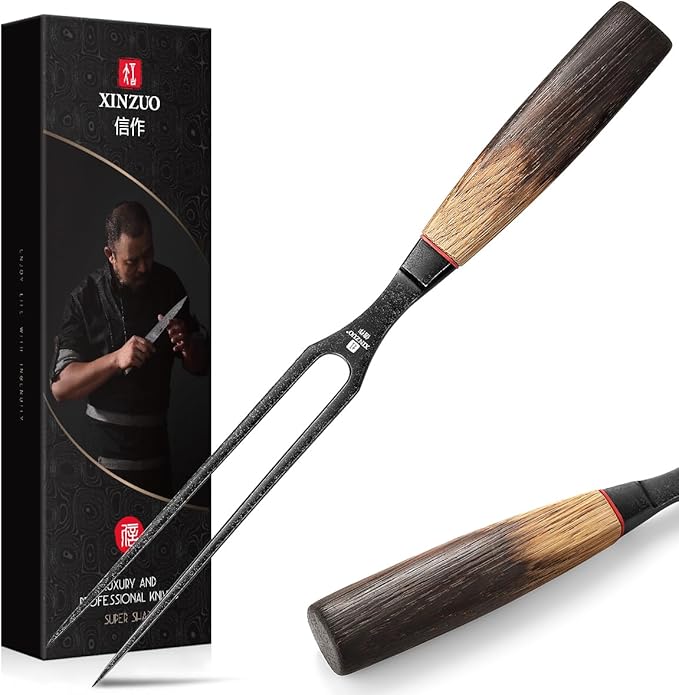 XINZUO 5.9 Inch Meat Carving Fork,High-Strength 430 Stainless Steel,2 Prong Kitchen Forks For Barbecue, Serving, Cooking, Grilling, Roasting,Ergonomic White Oak + Red G10 Gasket Handle