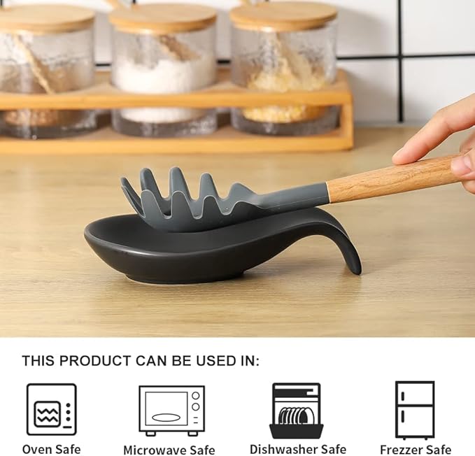 Nihow Ceramic Spoon Rest: 4 Inch Stable Utensil Rest - Heat Resistant Spoon Holder for Kitchen counter/Countertop/Stove Top - Dishwasher Safe - Matte Black (Set of 2)