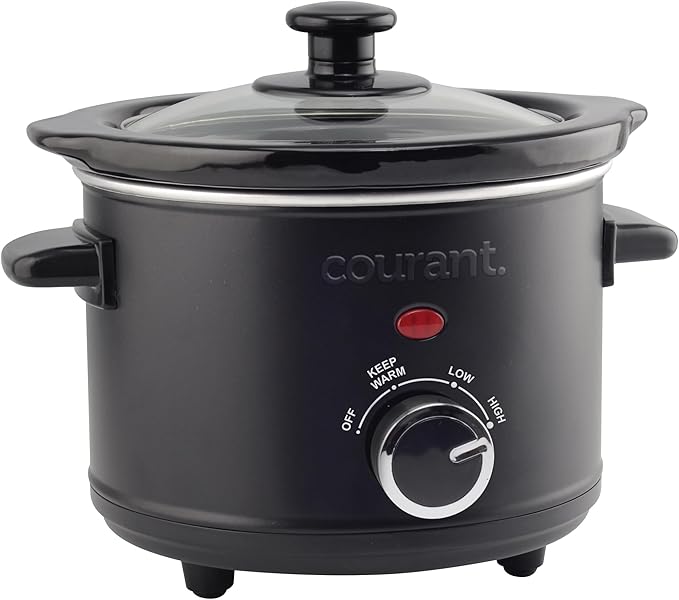 Courant Small Slow Cooker 1.6 QT, 3 Heat Settings, Removable Ceramic Pot" Easy Clean, Dishwasher Safe, Mini Slow Cooker, Black Stainless