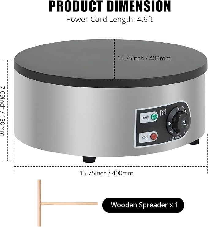 16" Commercial Electric Crepe Maker - 1500W Pancake Maker Griddle Nonstick Plate & Stainless Steel Round Base - Adjustable Temp Control 110V Electric Crepe Machine for Blintzes Eggs Bacon
