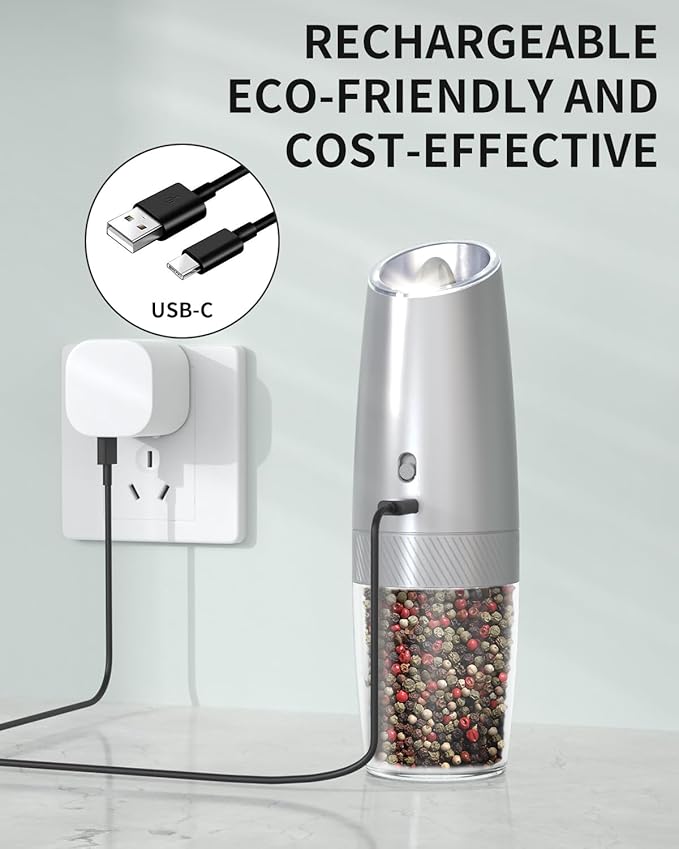 CIRCLE JOY 2-Speed Gravity Electric Pepper Grinder, Rechargeable Salt Grinder Pepper Mills, Adjustable Coarseness, White LED Light, 135ML Large Capacity, Silver