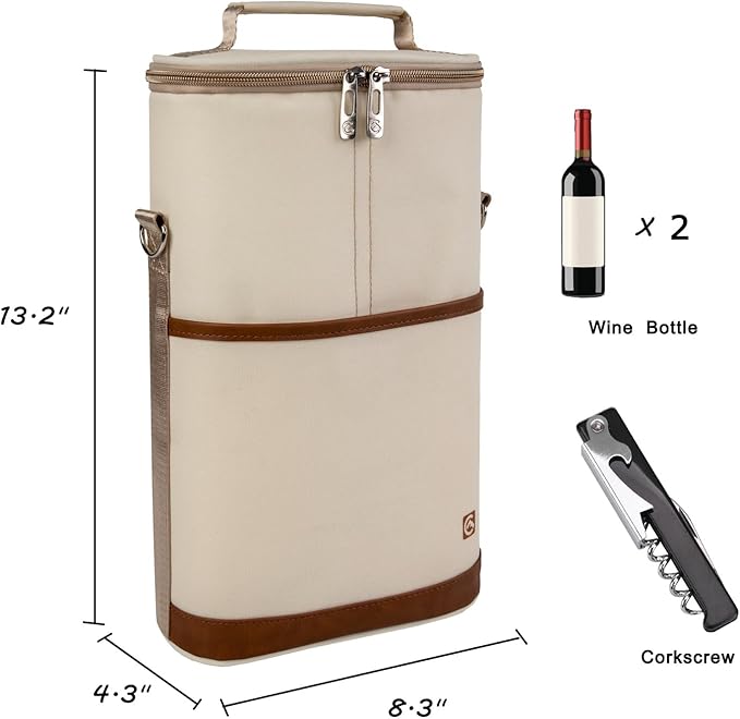 ALLCAMP 2 Bottle Wine Tote Carrier - Insulated Portable Padded Canvas Wine Bag for Travel, BYOB Restaurant, Wine Tasting, Party, Great Christmas Day Gift for Wine Lover，Cream-colored